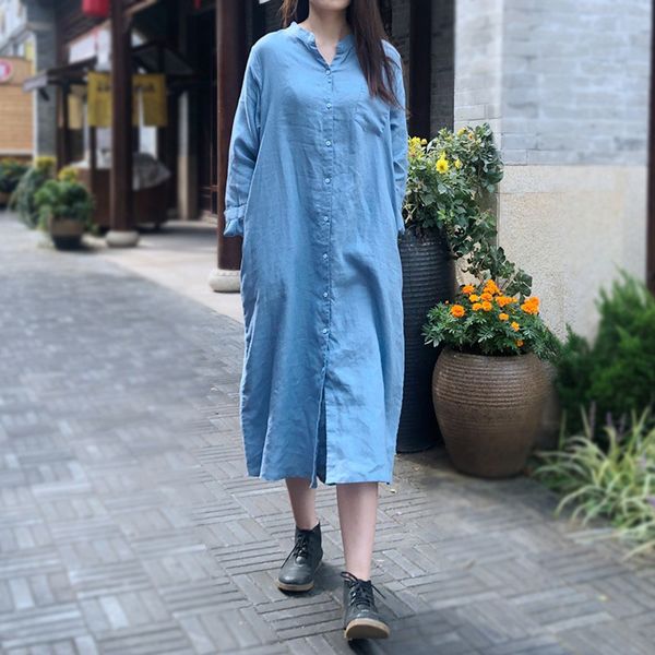 

johnature women linen shirt dresses stand long sleeve button autumn solid color pockets women clothes casual dresses 210521, Black;gray