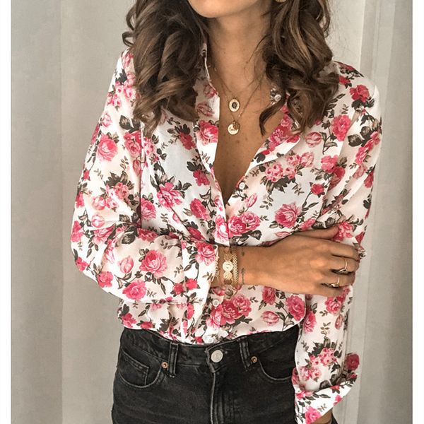 

women long sleeve tunic floral dot print shirt blouses outwear 2021 new ol buttons v-neck shirt blouseby air, Black;white