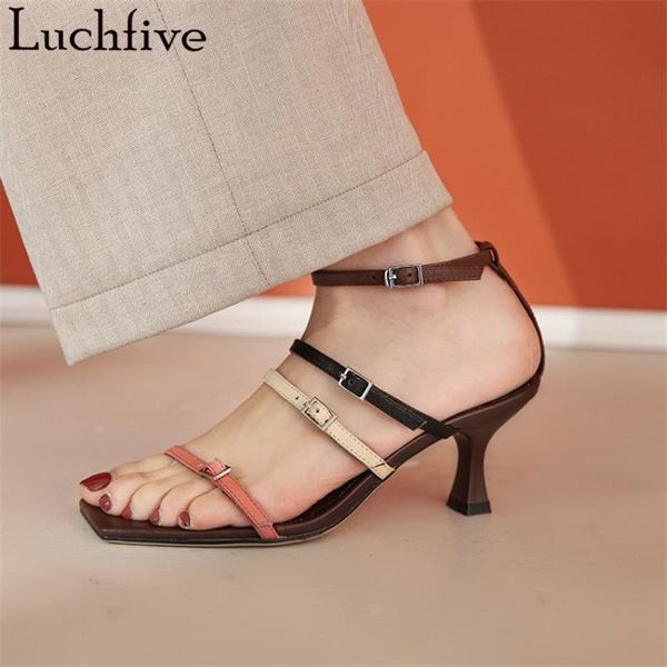 

dress shoes buckle belt sandals women hoof heels ladies open toe summer outwear runway brown woman, Black