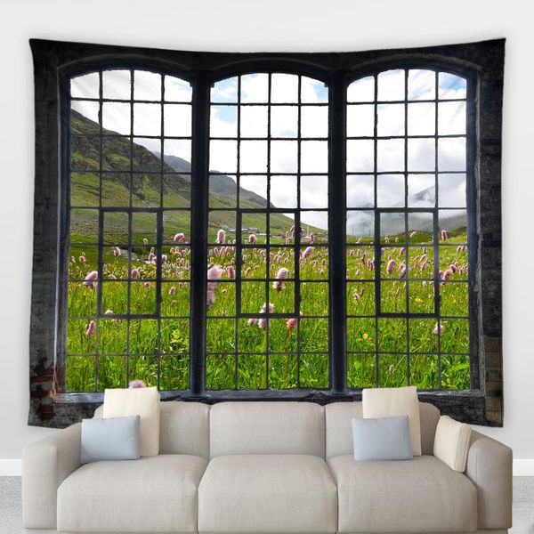 

tapestries retro vintage window tapestry waterfall starry sky color flower plant mountain scenery livingroom bedroom mural bedside blanket