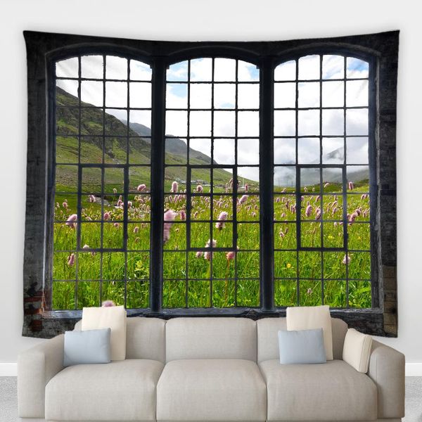 Wandteppiche Retro Vintage Fenster Tapisserie Wasserfall Sternenhimmel Farbe Blume Pflanze Berglandschaft Wohnzimmer Schlafzimmer Wandbild Nachttischdecke