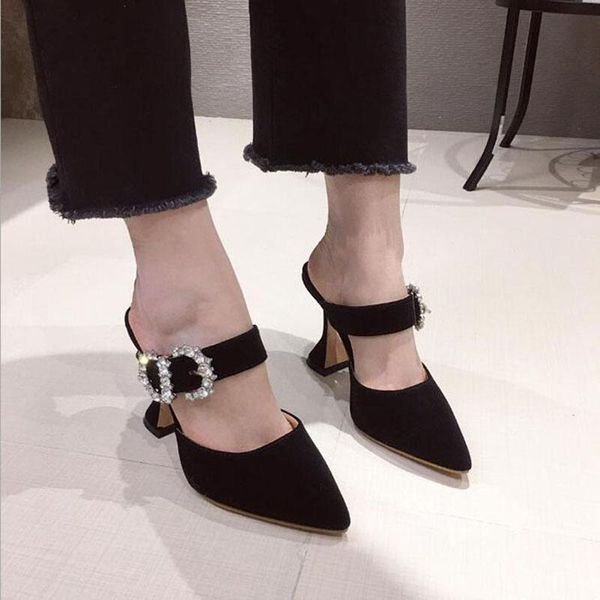 

dress shoes women pumps buckle high heels block party suede sandals plus size, Black
