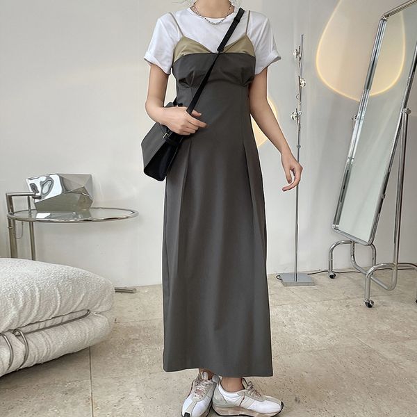 

dresses patchwork hit color sling for women v neck sleeveless high waist slim es female fashion summer, Black;gray