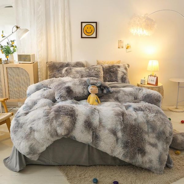 

bedding sets gradient color plush shaggy ultra soft 4pcs twin double  king(1faux fur duvet cover +1bed sheet+2pillowcases