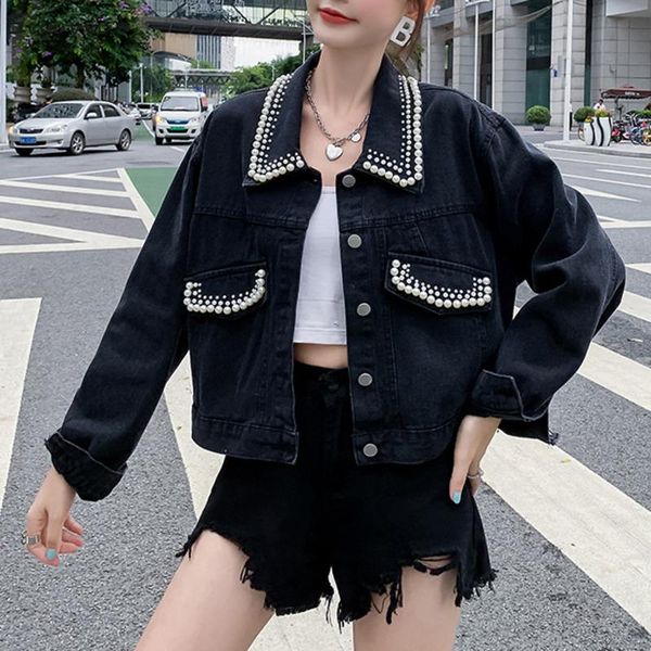 

women's jackets 2021 spring autumn arrival denim jacket women pearl full sleeve short slim elegant casual jeans coat vintage outerwear, Black;brown