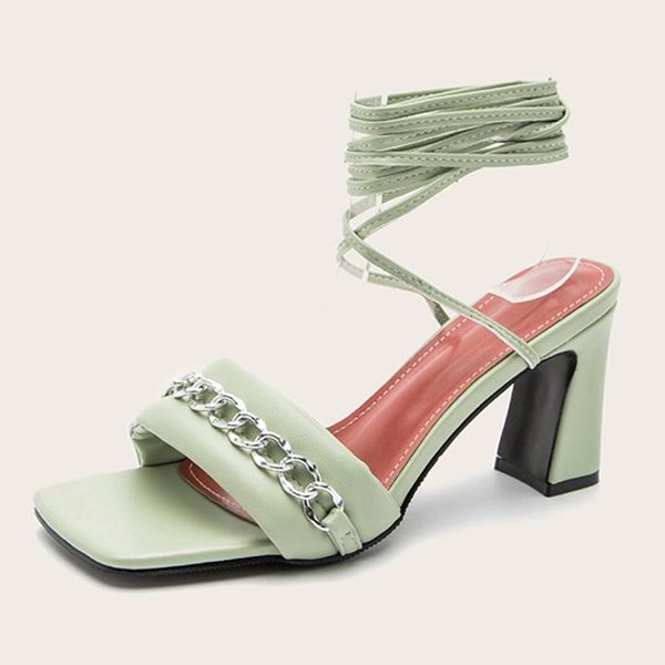 

sandals women's shoes slippers 7.5cm heel chain decor ladies designer female ankle strap square toe casual footwear summer, Black