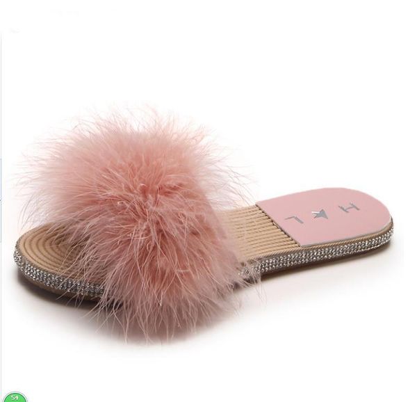

slippers fur furry slide sweet feather flat bottom beach female sandals hair flip flops women home outside crystal shoes, Black