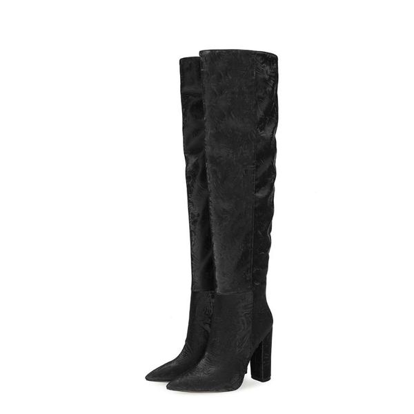 

boots knee-high satin pointed toe chunky high heel chic shoes, Black