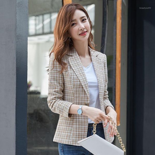 

women's jacket 2021 autumn fashion casual temperament solid color slim plaid single button small suit blouse suits & blazers, White;black