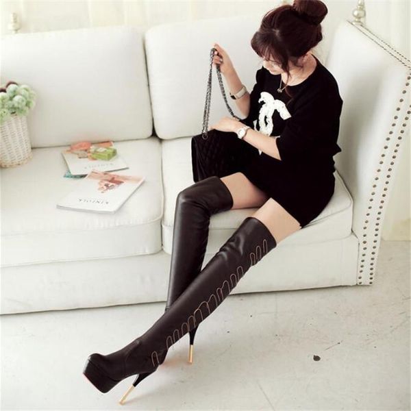 

boots pattern europe and america extra large code women's 12cm thin heels elastic superior quality over knee 34-44 45, Black