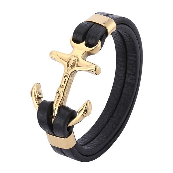 

charm bracelets vintage cross double layer leather bracelet men jewelry golden stainless steel easy hook buckle bangles gifts, Golden;silver
