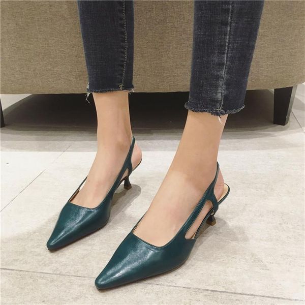 

fashion closed pointy toe thin high heels sandals shallow back strap dress woman shoes solid slingbacks summer ladies sandalias, Black