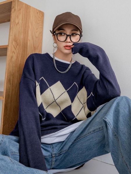 

dazy argyle pattern drop shoulder sweater u63p#, White