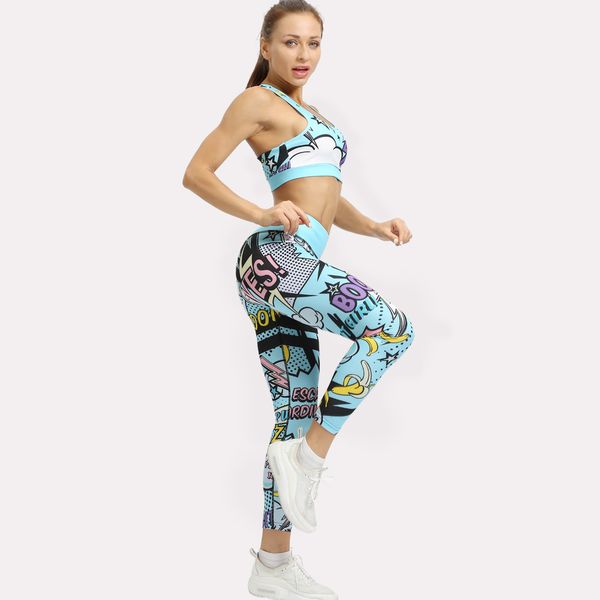 

women print cartoon banana boom running yoga suits sportswear high waist fitness pants harajuku sports set gym workout clothes