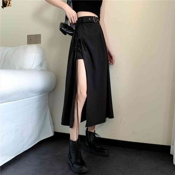 

mid length slit waist womens skirt belt irregular gothic punk dark black lace up high waisted a line y2k met