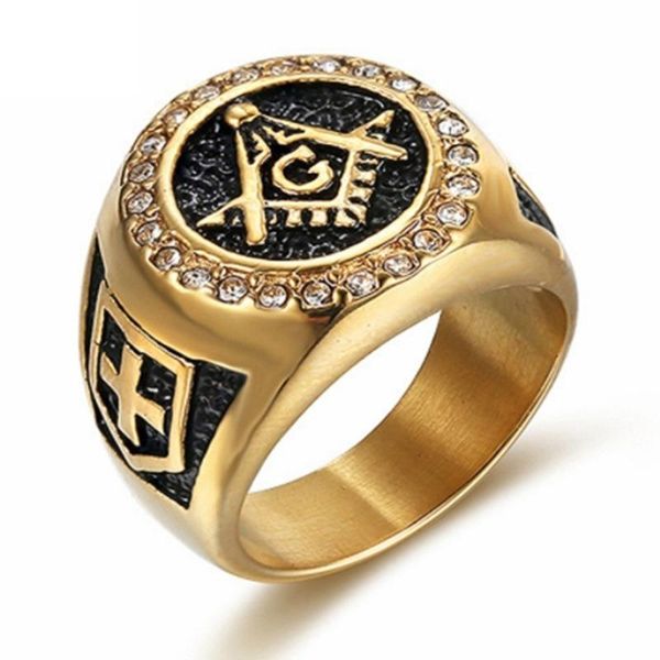 

cluster rings classic religious style gold color zircon masonic ring for men rock biker jewelry, Golden;silver