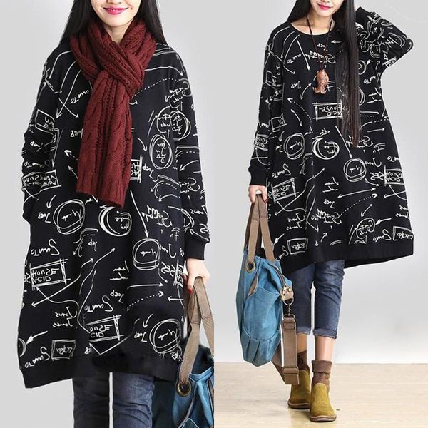 

celmia fashion printed sweatshirt dress women winter long sleeve casual loose midi vestidos pockets robe plus size dresses 5xl, Black;gray