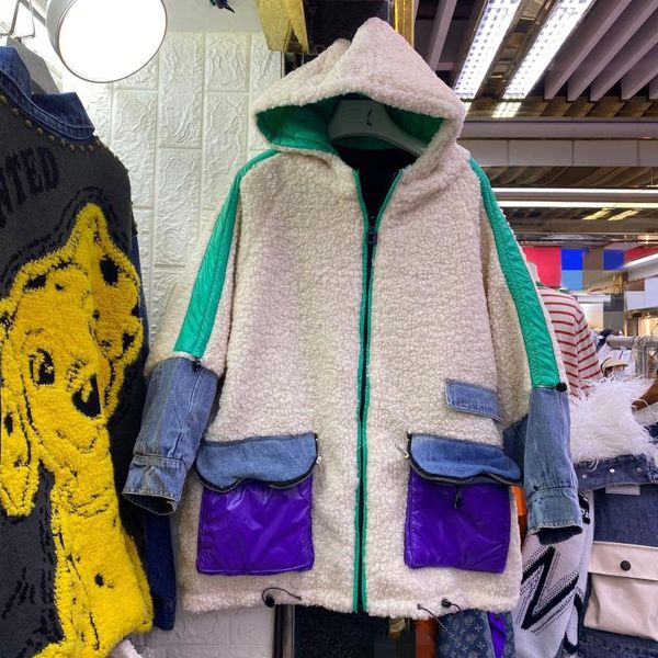 

women's jackets denim stitched lamb wool coat 2021 autumn and winter design, casual versatile american cotton clothes, Black;brown