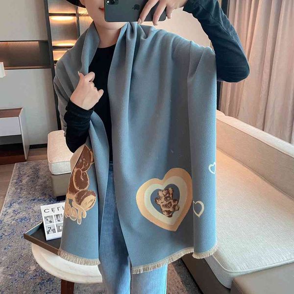 

tippet muffler scarf autumn and winter imitation cashmere scarf women's solid color bear warm double-sided shawl versatile long live br, Blue;gray