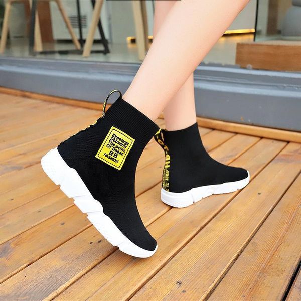 

boots spring socks shoes women's flat bottom 2021 korean net red zichao high sports elastic casual, Black