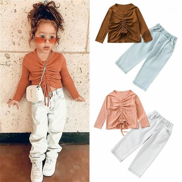 

clothing sets 1-6y kids girls clothes 2021 autumn children long sleeve solid color knit drawstring + denim pants fashion baby outfits, White