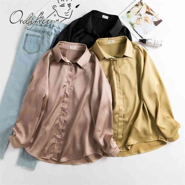 

autumn women satin shirt blouse long sleeve casual loose silk vintage 210513, White