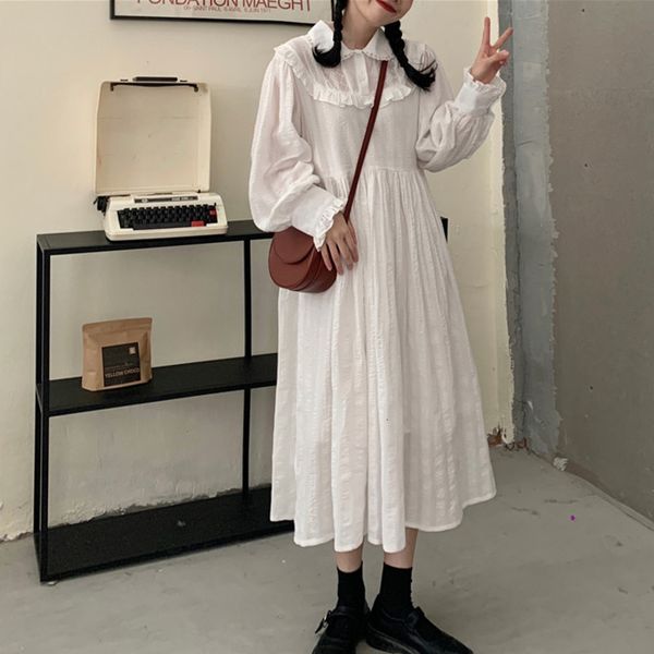 

casual dresses [ewq] outono feminino solto casual pater pan colarinho Ãºnico breasted manga longa lanterna babados rendas acima do joelho ves, Black;gray