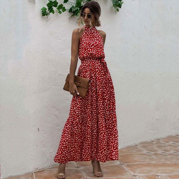 

summer boho maxi elegant womens dress long party sleeveless halter bohemian floral robe femme red green, Black;gray