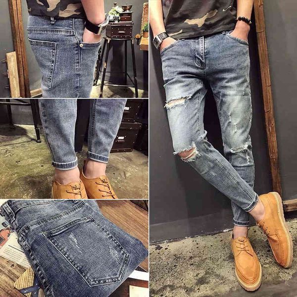 

men's jeans wholesale 2021 teenagers denim men's trendy brand cropped pants korean hole social guy harem slim pencil j1tj, Blue