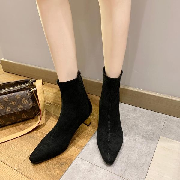 

boots suede ankle women shoes pointed toe high heels winter metal heel short black khaki femmes bottes