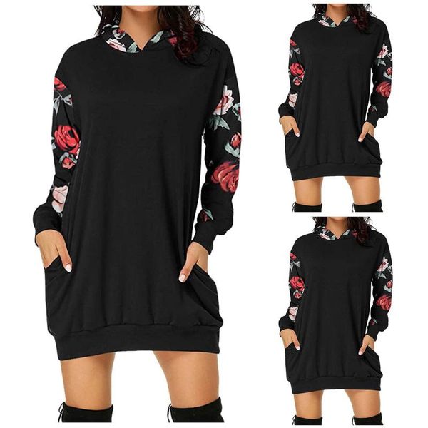 

casual dresses sweatshirt hooded women's dress pocket floral sleeve plus size loose long sports mini vestidos mujer 2021, Black;gray
