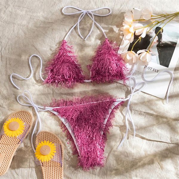 

women's swimwear myteng tassel bikini women 2021 mujer triangle push up bathing suit string backless swimsuit beachwear biquini, White;black