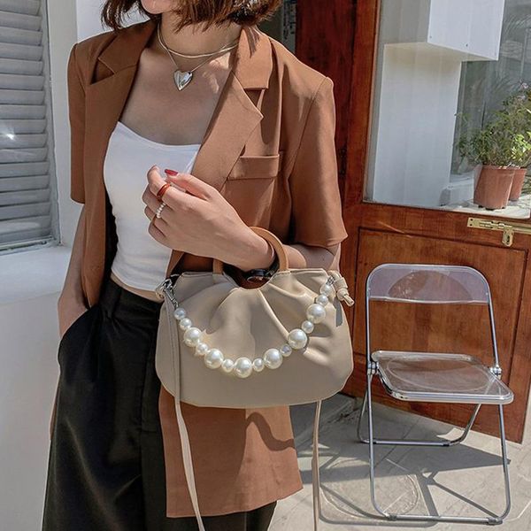 

cross body pleated wood round handle handbag women's designer solid pearl chain woman pu crossbody bag women 2021