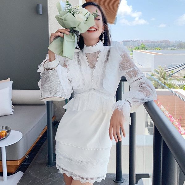 

casual dresses elegant womens puff lace beading mesh tunic white long sleeve a-line mini party dress nu4f, Black;gray