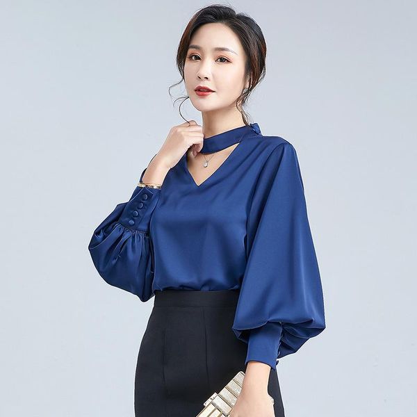

spring women's lantern sleeve hollow stand up collar chiffon shirt solid color loose temperament micro elastic blouses & shirts, White