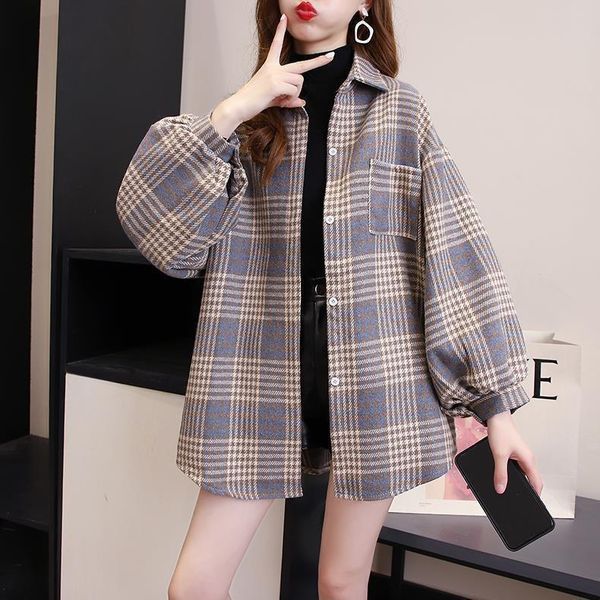 

women's wool & blends women thin plaid turn-down collar elegant casual office students koren style button simple thicken ulzzang, Black
