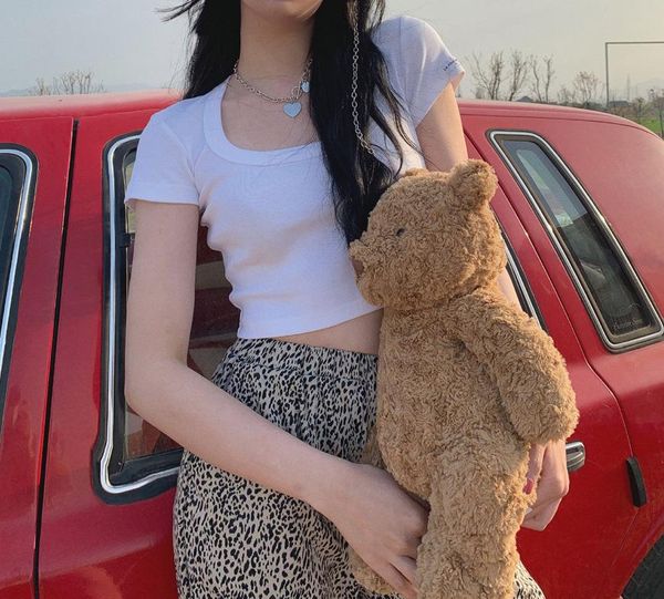 

women's t-shirt [batino] wind exposed clavicle short sleeve base shirt u-neck solid color tight high waist open navel top, White