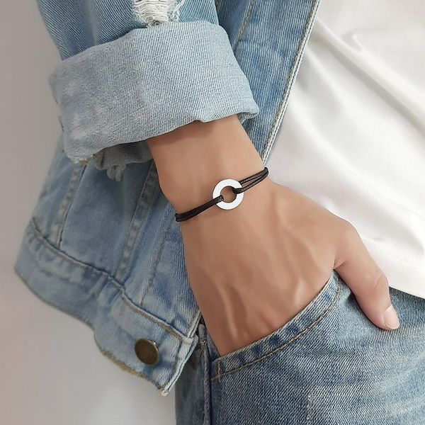 

charm bracelets trendy men stainless steel circle black braided leather wristband bangle fashion jewelry gift, Golden;silver