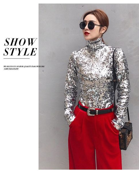 

women silver heavy sequined high neck blouse back zipper trend long sleeve shirts women's blouses &, White