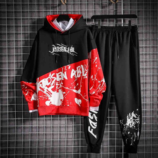 

plush suit stitched sweater casual printed slim hooded sportswear men's, Black