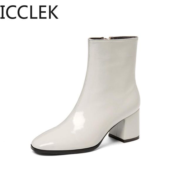 

boots 2021 autumn winter leather retro square toe zipper ankle heel all match women shoes size 35-42, Black