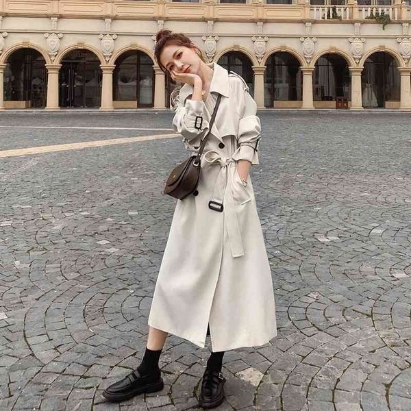 

2021windbreaker women 2021 spring autumn new goddess fan drooping temperament korean loose thin medium and long british coat, Black