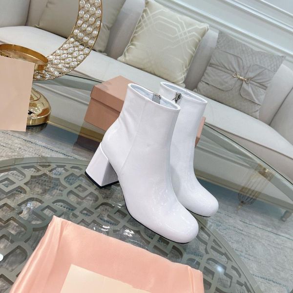 

boots high heel ankle for women leather chunky heels autumn 2021 versatile patent-leather round toe, Black