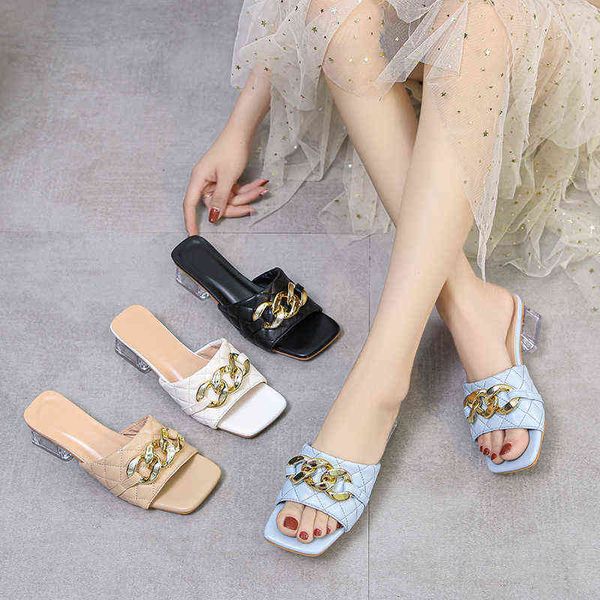 

slippers women s summer new soft high heels ladies chain decoration sandals female weave crystal square heel slides 220304, Black