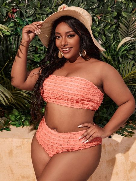 

plus lettuce trim bandeau bikini swimsuit f6tg#, Black