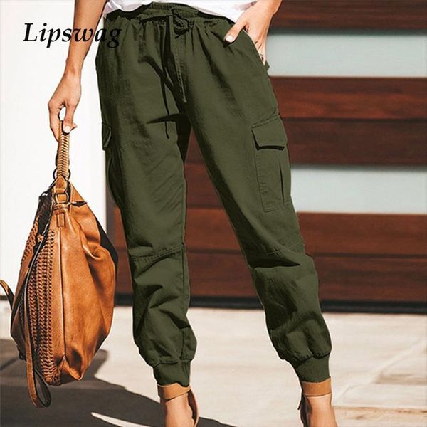 

fashion elegant long streetwear casual women capri pockets lace up cargo spring summer solid office lady trousers, Black;white