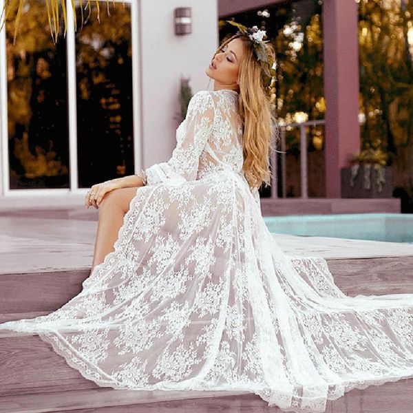 

women's swimwear boho bikini blouse long loose beach dress lace polyester white pareo cover up, White;black