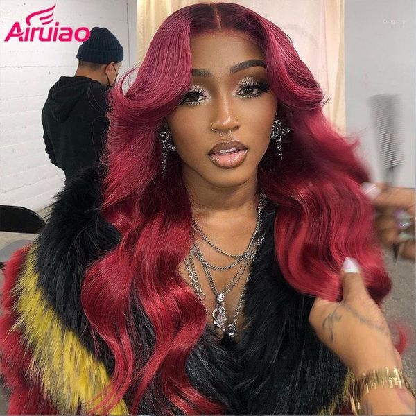 

1b99j colored burdundy human hair lace frontal wigs for women pre plucked full ombre red body wave transparent hd remy1, Black;brown