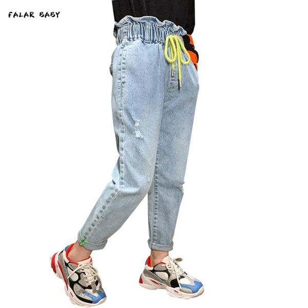 

girls jeans drawstring kids girl casual with hole spring autumn children's clothes 6 8 10 12 14 year, Blue