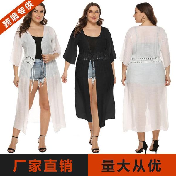 

woman beach dresses 2021 swimsuit cover-ups plus size women strap long sleeve sun proof cardigan solid acetate sierra surfer women's sw, White;black